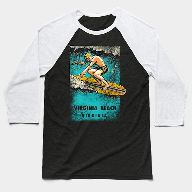 Virginia Beach Vintage Surfing Baseball T-Shirt by Hilda74